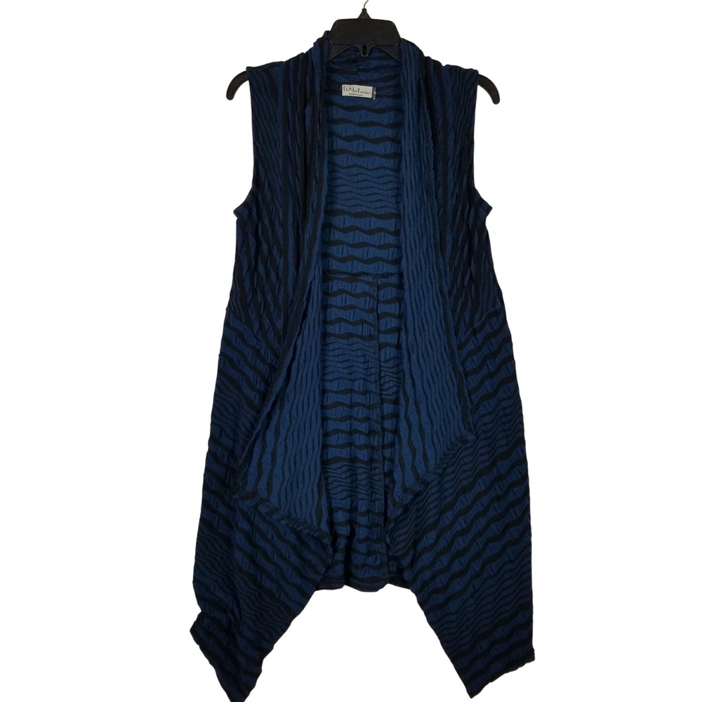 Chalet et Ceci Vest Women Medium Blue Black Striped Crinkle Lagenlook Open Front
